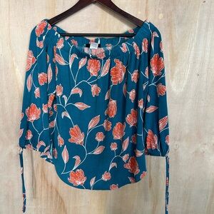Teal Floral Off-Shoulder Blouse with Coral Print